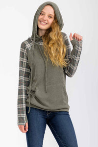 Everly Plaid Contrast Double Hooded Pullover – Ribbed Knit Hoodie with Thumbholes