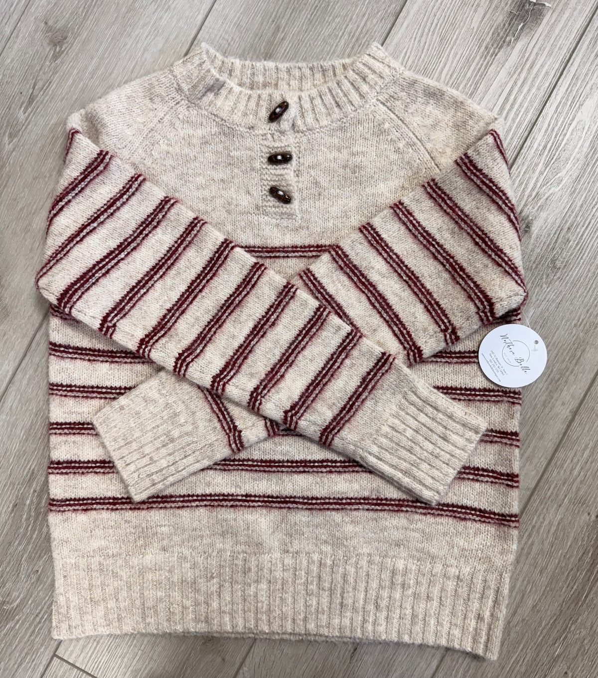 The Finley Striped Button Sweater – Oatmeal & Wine