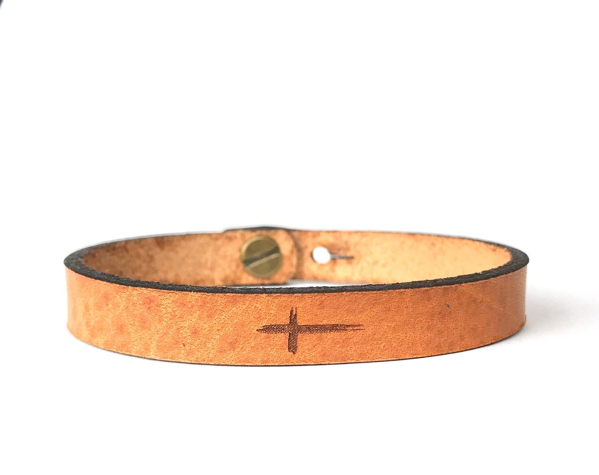 The Solace Engraved Leather Bracelet – Skinny Adjustable Cross Cuff in Full Grain Leather