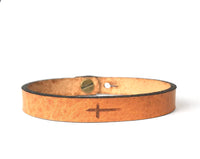 The Solace Engraved Leather Bracelet – Skinny Adjustable Cross Cuff in Full Grain Leather