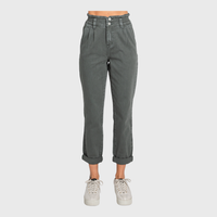 Millie Paperbag Waist Mom Jeans – High Rise Cuffed Denim in Washed Olive