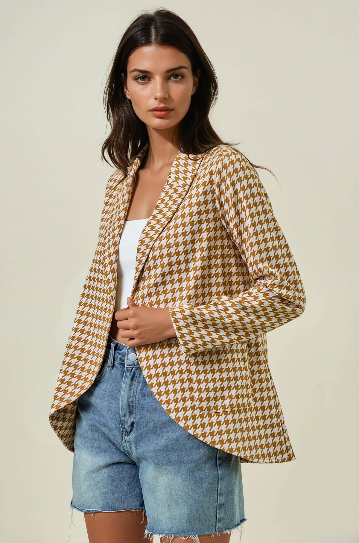 The Marlowe Houndstooth Shawl Collar Blazer – Tan & Black