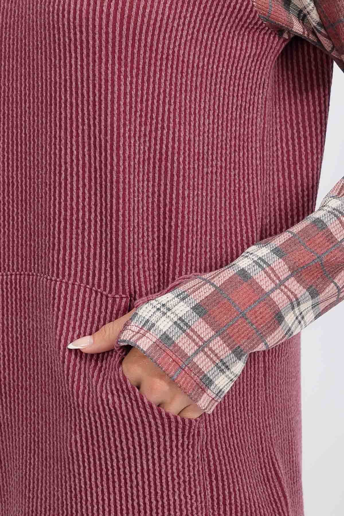 Everly Plaid Contrast Double Hooded Pullover – Ribbed Knit Hoodie with Thumbholes
