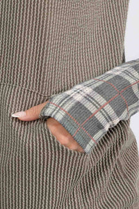 Everly Plaid Contrast Double Hooded Pullover – Ribbed Knit Hoodie with Thumbholes