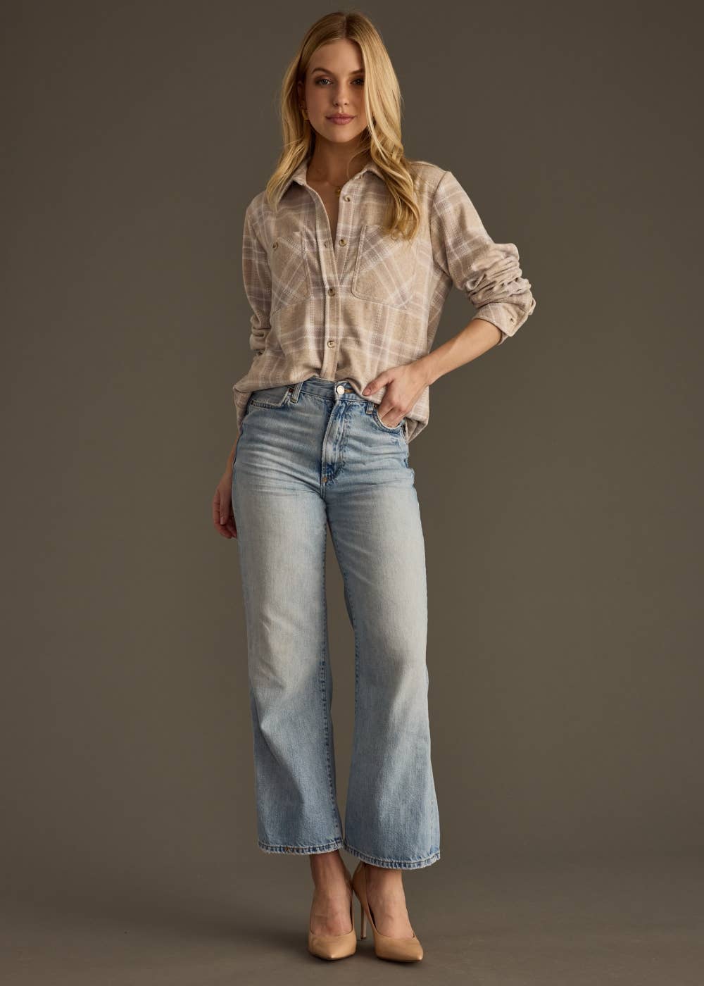 The Sutton Soft Brushed Plaid Button-Up – Mauve/ Tan/ White