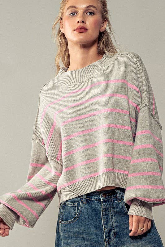 Flow It Down Ribbed Knit Pullover: Grey/Pink
