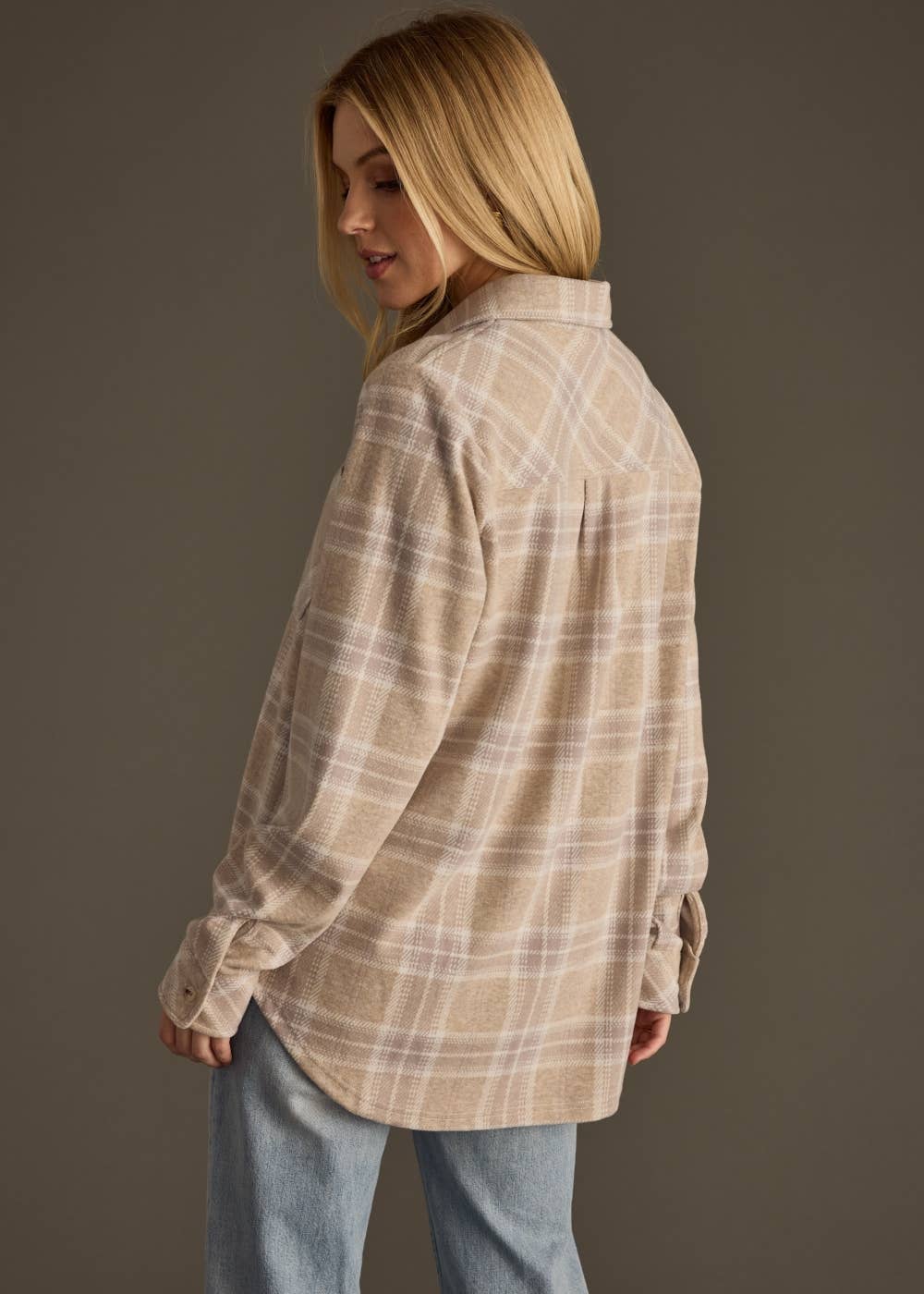 The Sutton Soft Brushed Plaid Button-Up – Mauve/ Tan/ White