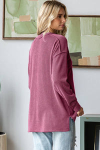 Sadie Ribbed V-Neck Long Sleeve Top – Relaxed Fit Textured Knit