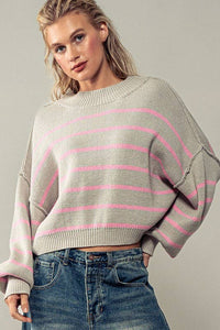 Flow It Down Ribbed Knit Pullover: Grey/Pink