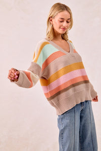 The Mabel Multi Stripe V-Neck Sweater – Pastel Rainbow Knit Pullover