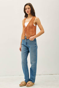 Sunset Dreams Crochet Knit Vest: Apricot | Boho Chic Open-Front Crochet Top with Tie Closure | Women's Layering Piece for Spring & Summe
