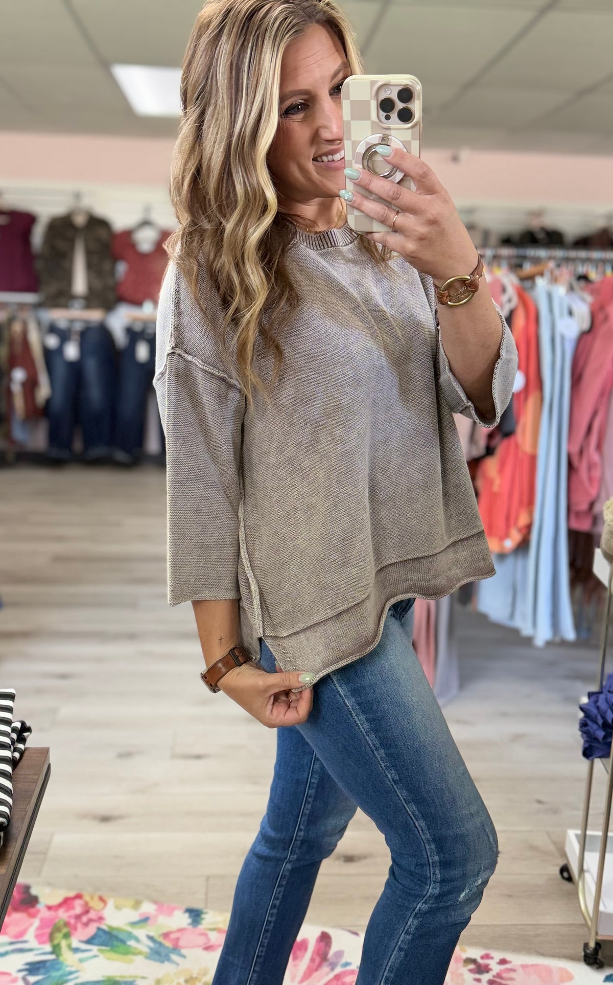 Hadley Boxy Cotton Sweater – 3/4 Sleeve Lightweight Knit Top