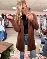 Maribel Faux Suede Open Front Jacket – Longline Blazer Coat with Pockets