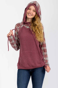 Everly Plaid Contrast Double Hooded Pullover – Ribbed Knit Hoodie with Thumbholes