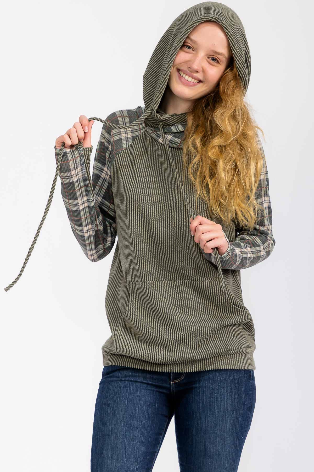 Everly Plaid Contrast Double Hooded Pullover – Ribbed Knit Hoodie with Thumbholes