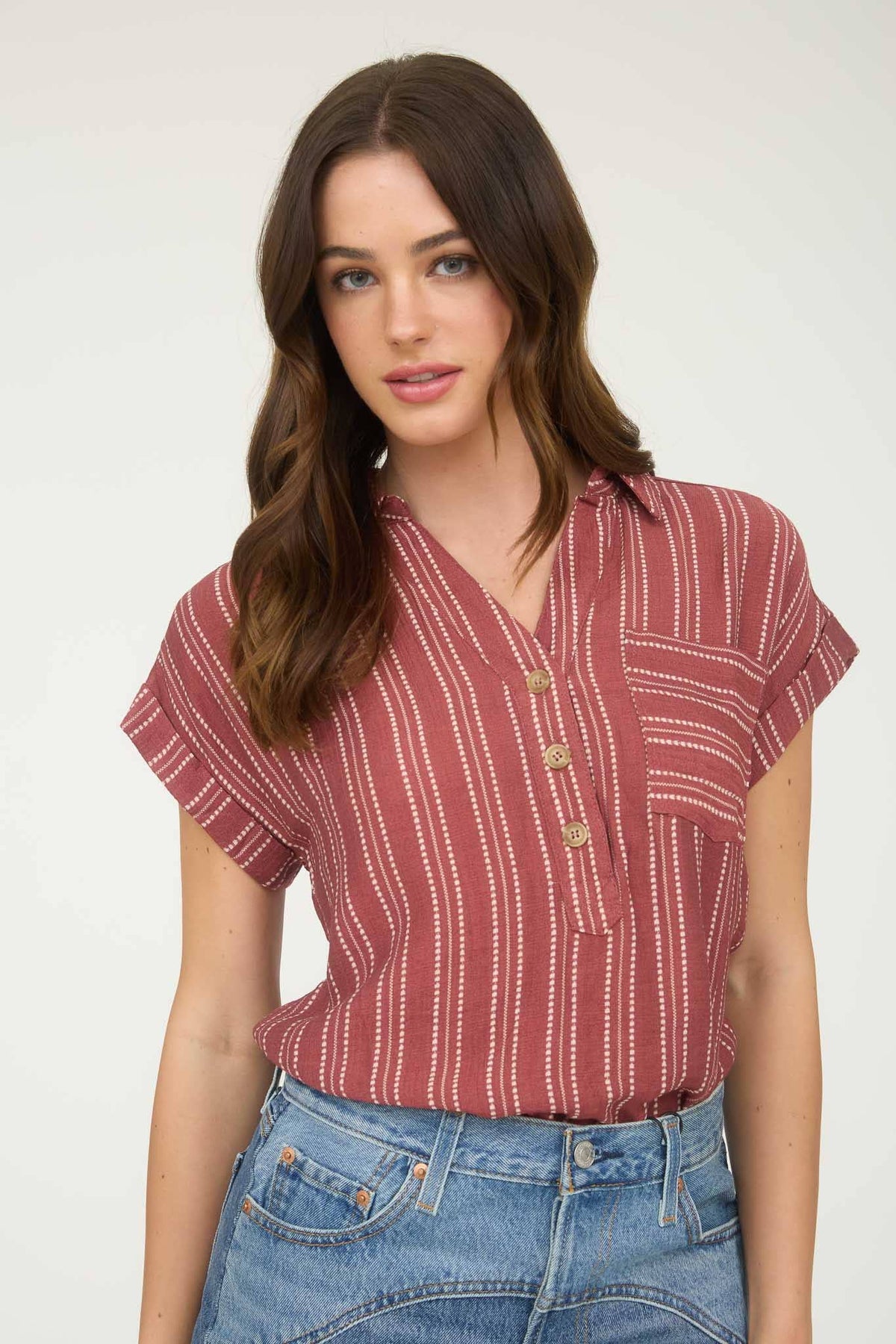 The Presley Striped Button Front Top –Burgundy Collared V-Neck Shirt with Pocket