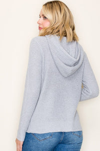 The Marnie Waffle Knit Hoodie – Light Grey Button Neck Pullover