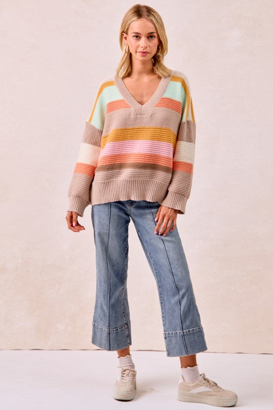 The Mabel Multi Stripe V-Neck Sweater – Pastel Rainbow Knit Pullover