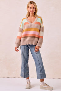 The Mabel Multi Stripe V-Neck Sweater – Pastel Rainbow Knit Pullover