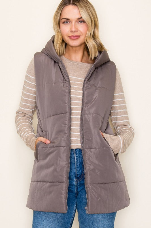The Briar Hooded Puffer Vest – Gunmetal & Evergreen Mist