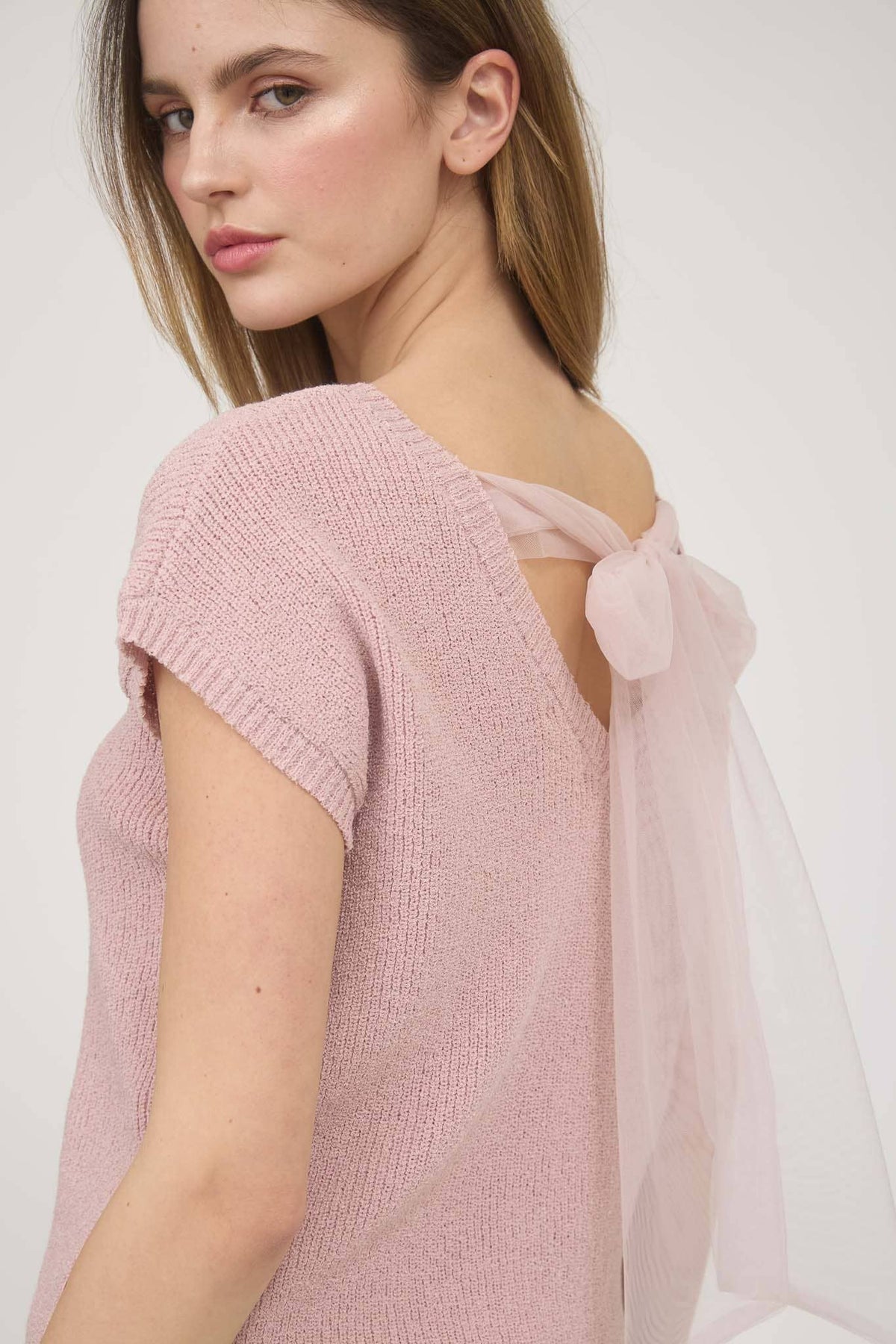 Wrenlee Chiffon Tie Back Sweater Tee – Blush Rose