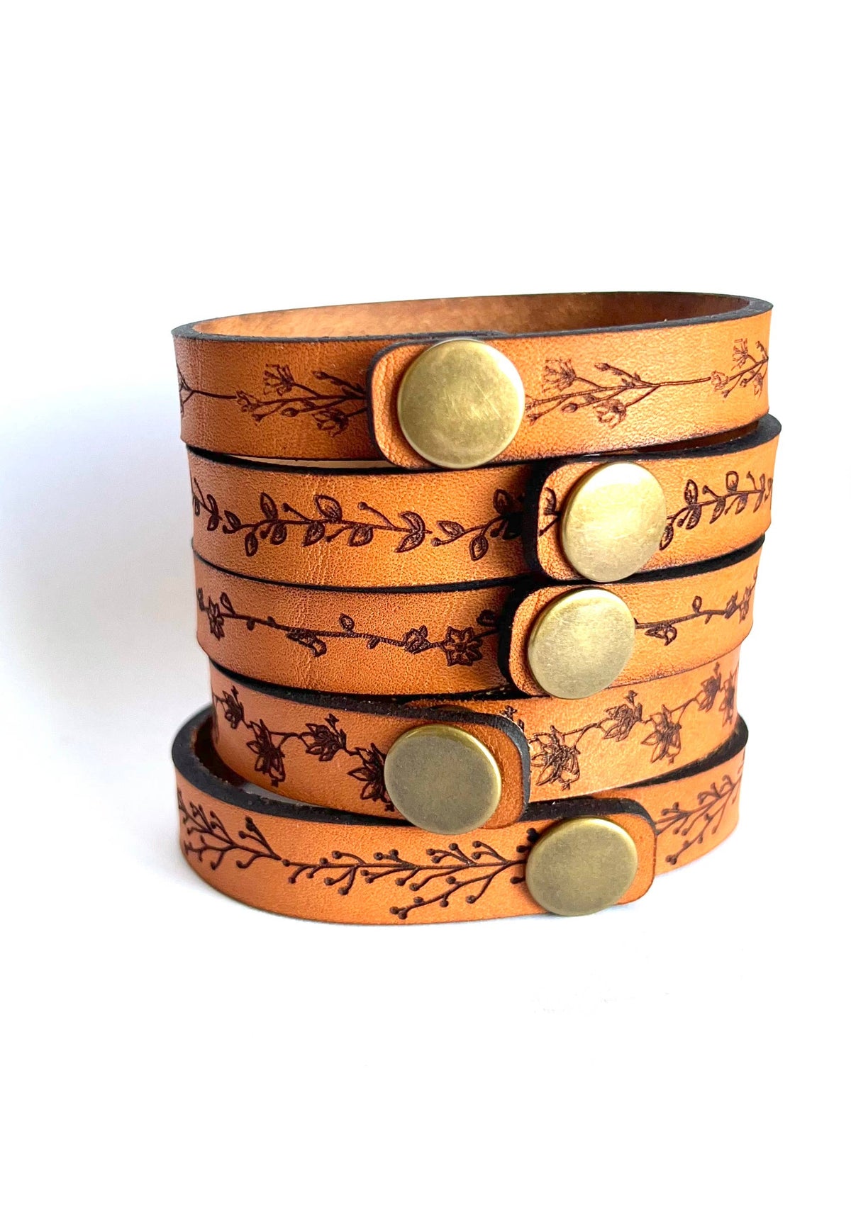 Wildflower Engraved Leather Cuff – Full Grain Floral Bracelet with Brass Snap