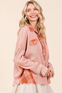 The Jolene Plaid Contrast Waffle Knit Button Down – Mineral Washed Rustic Rose