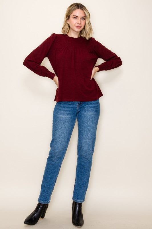 Clara Smocked High Neck Long Sleeve Top – Ruffle Detail Blouse