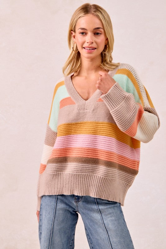 The Mabel Multi Stripe V-Neck Sweater – Pastel Rainbow Knit Pullover
