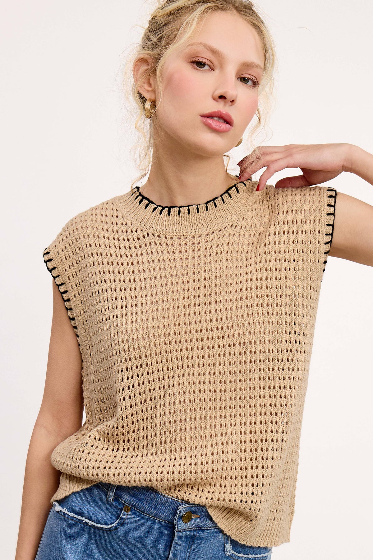Sutton Sleeveless Knit Sweater Vest – Relaxed Fit Layering Top with Contrast Stitch Detail