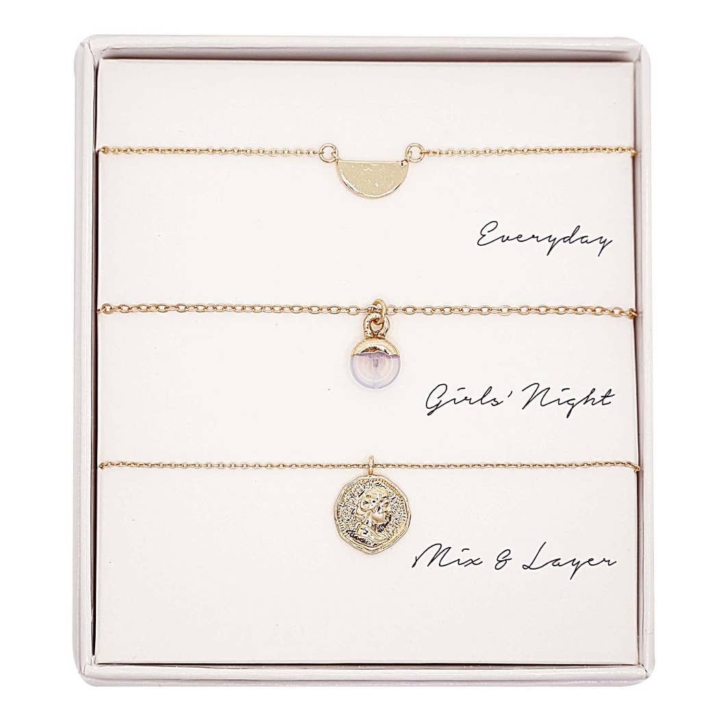 3-Piece Layered Pendant Necklace Set – Gold Dainty Chains with Assorted Charms | Everyday, Girls’ Night & Mix & Layer Styles | Gift Box Included