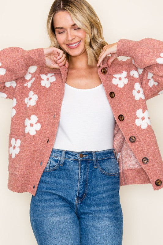 The Maribel Floral Button Front Cardigan – Rust & Ivory