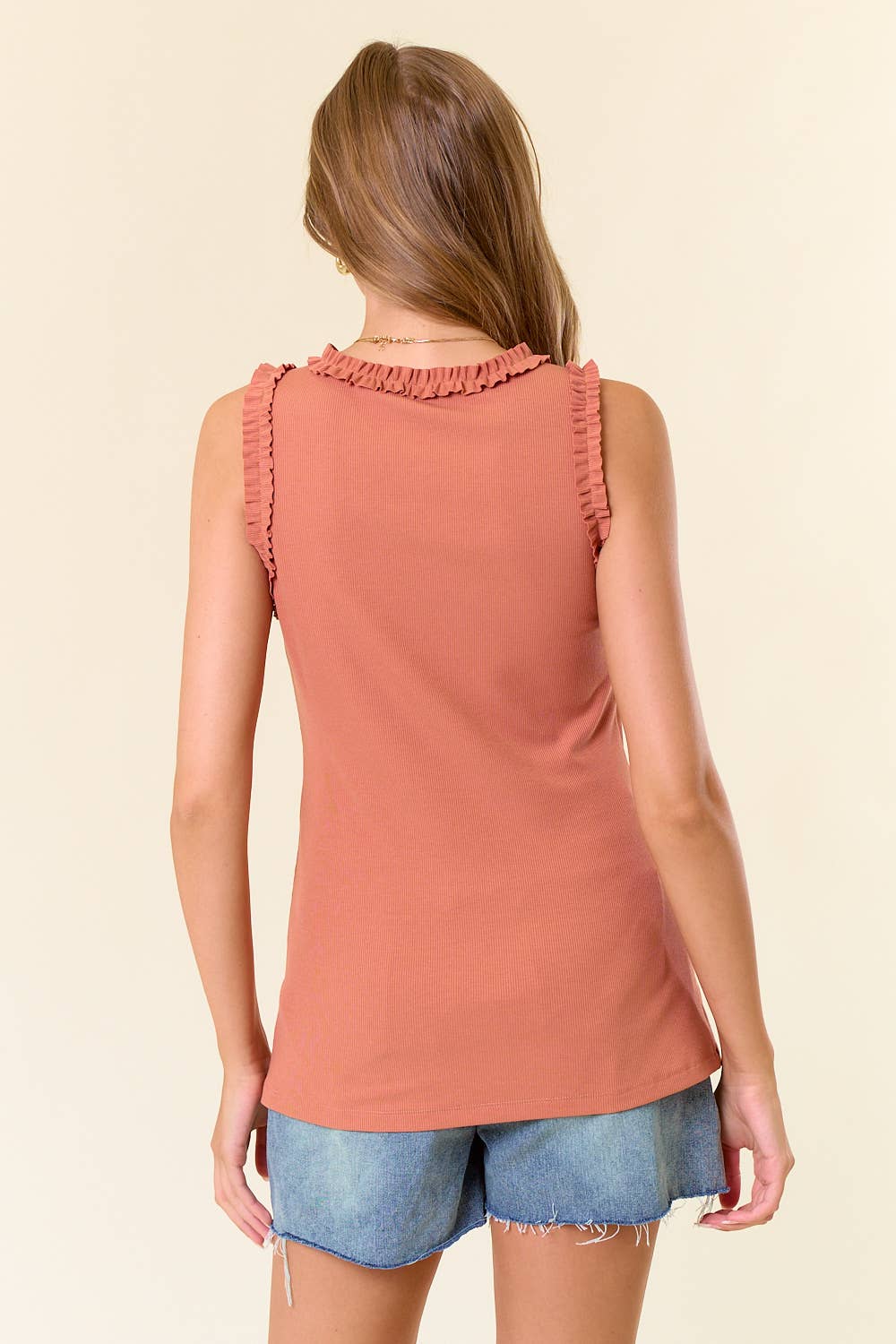 The Ivy Ruffle Ribbed Tank – Sleeveless Fitted Top with Ruffle Trim | Stretch Knit Crew Neck Tank