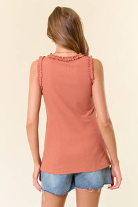 The Ivy Ruffle Ribbed Tank – Sleeveless Fitted Top with Ruffle Trim | Stretch Knit Crew Neck Tank