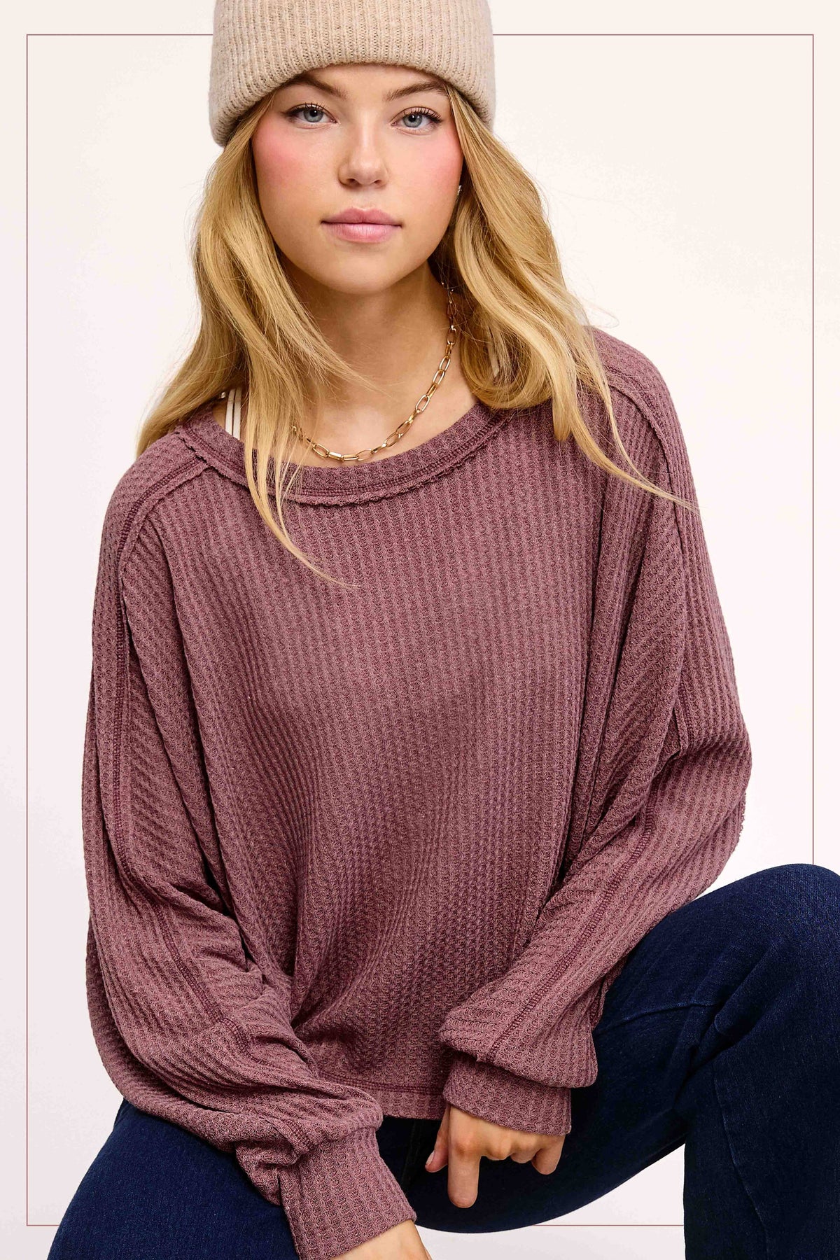 Sadie Brushed Waffle Knit Long Sleeve Top – Berry, Charcoal, Teal