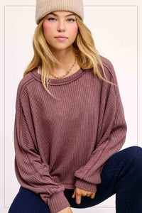 Sadie Brushed Waffle Knit Long Sleeve Top – Berry, Charcoal, Teal