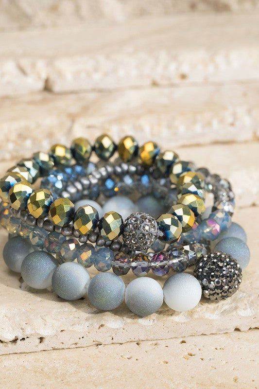 Glass and Frosted Bead Bracelet Set-Dove Grey