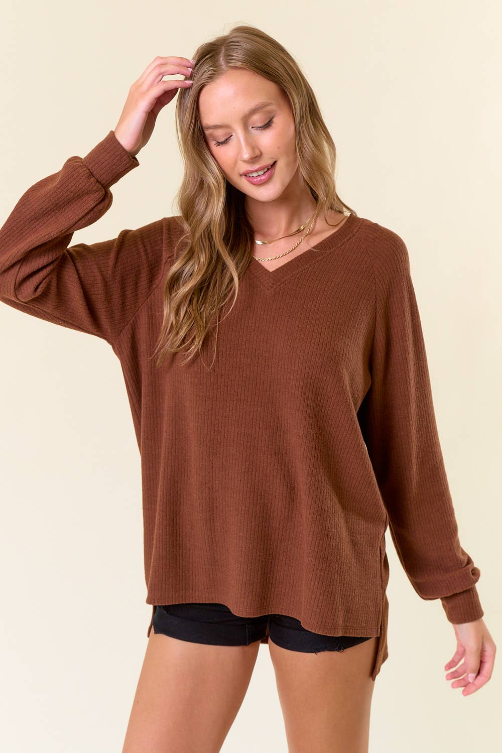 Iris Brushed Rib Double V-Neck Raglan Long Sleeve Sweater Top: Coffee