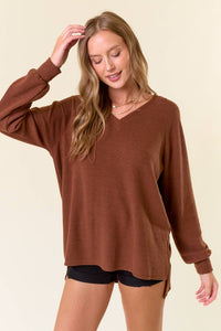 Iris Brushed Rib Double V-Neck Raglan Long Sleeve Sweater Top: Coffee