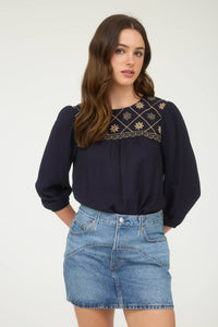 The Rylie Embroidered Yoke Blouse – 3/4 Sleeve Boho Top (Navy or Taupe)