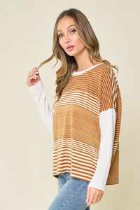 The Hadley Mixed Stripe Long Sleeve Knit Top – Mustard + Ivory Colorblock Pullover