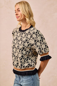 The Colette Textured Rose Knit Top – Midnight Bloom
