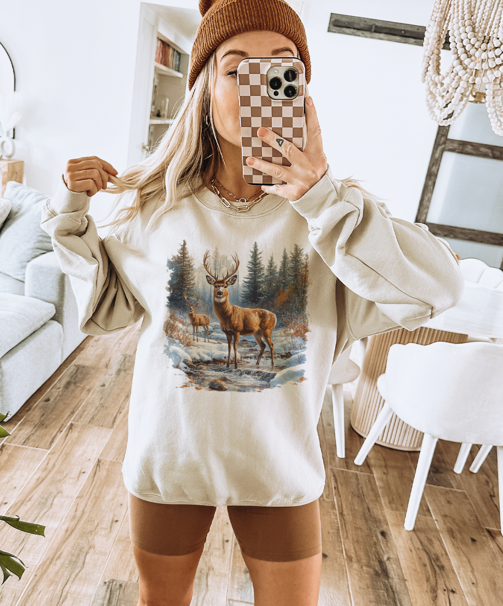 Retro Deer Scene Vintage Crewneck – Distressed Wildlife Graphic Sweatshirt