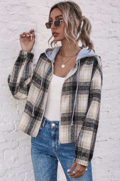 Kat Semi Cropped Hooded Flannel Jacket- Cream
