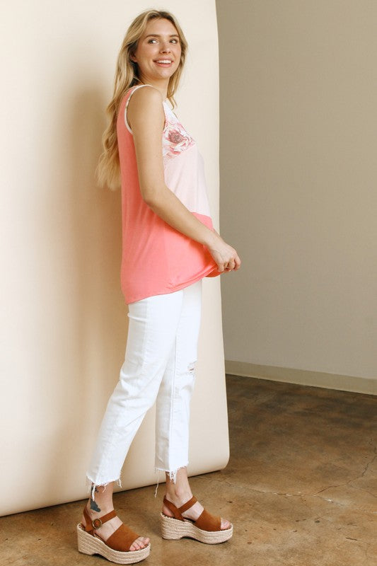 Lovely Floral Colorblock Tank Top: Coral