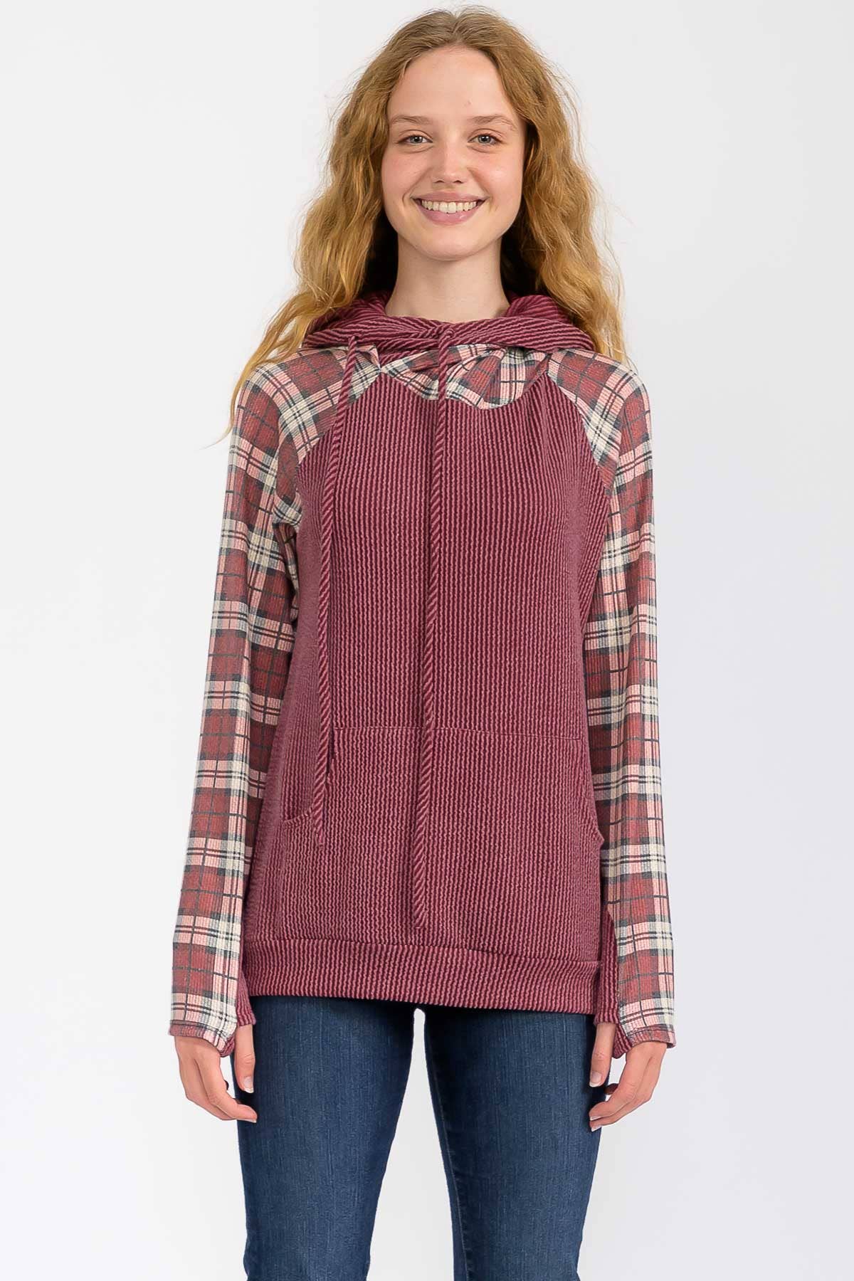 Everly Plaid Contrast Double Hooded Pullover – Ribbed Knit Hoodie with Thumbholes