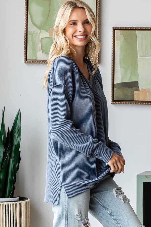 Sadie Ribbed V-Neck Long Sleeve Top – Relaxed Fit Textured Knit