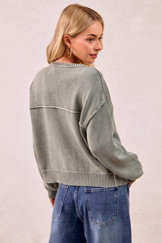 The Tatum Washed Cotton V-Neck Cardigan – Vintage Wash Olive Green Knit Button Front  Product Description: