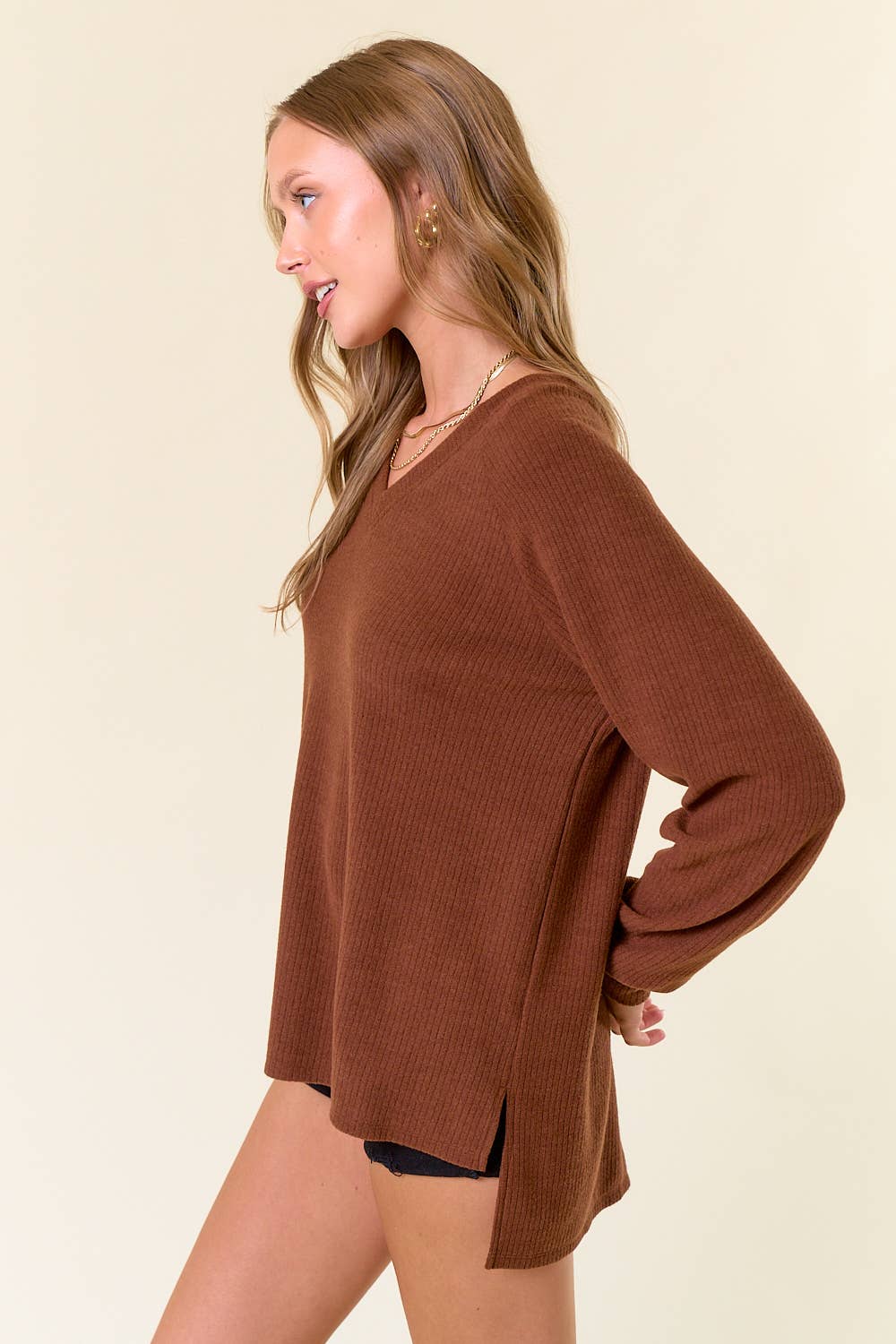 Iris Brushed Rib Double V-Neck Raglan Long Sleeve Sweater Top: Coffee