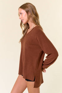 Iris Brushed Rib Double V-Neck Raglan Long Sleeve Sweater Top: Coffee